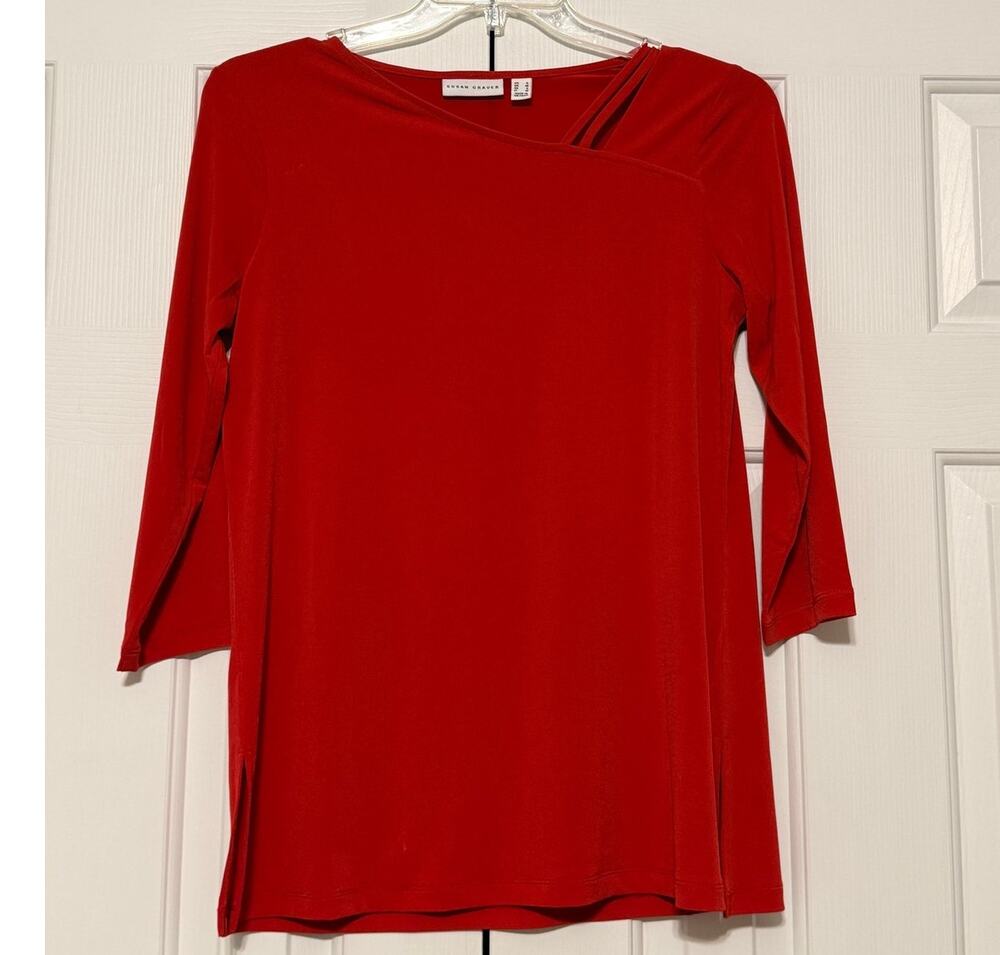 Susan Graver Liquid Knit 3/4 Sleeve Tunic, Red, Size S